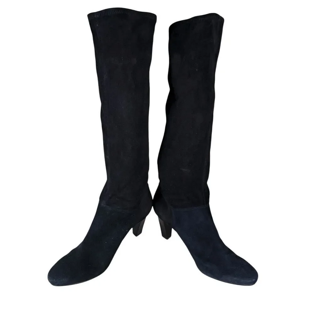 Coach Black Suede Knee High Heeled Boots 8.5B Pull-On Block Heel